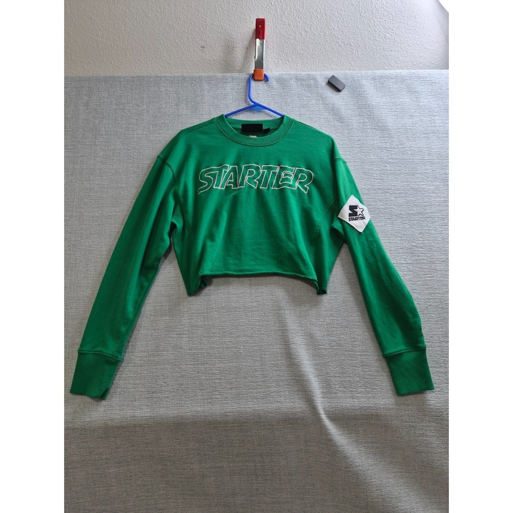 Starter Black Label Cropped Sweatshirt Womens L Green Embroidered Spellout Logo